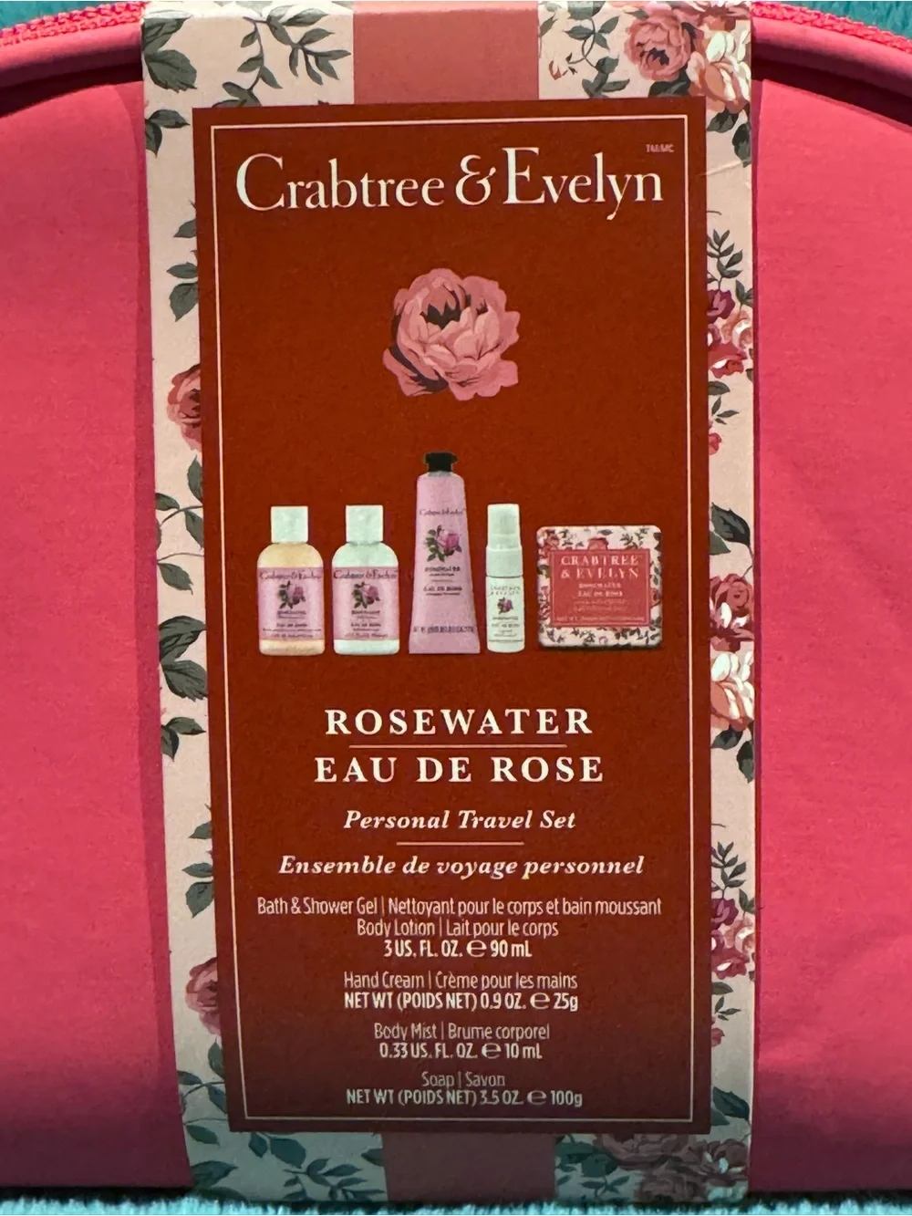 Crabtree & Evelyn Rosewater Personal Travel Set in Cosmetic Case
